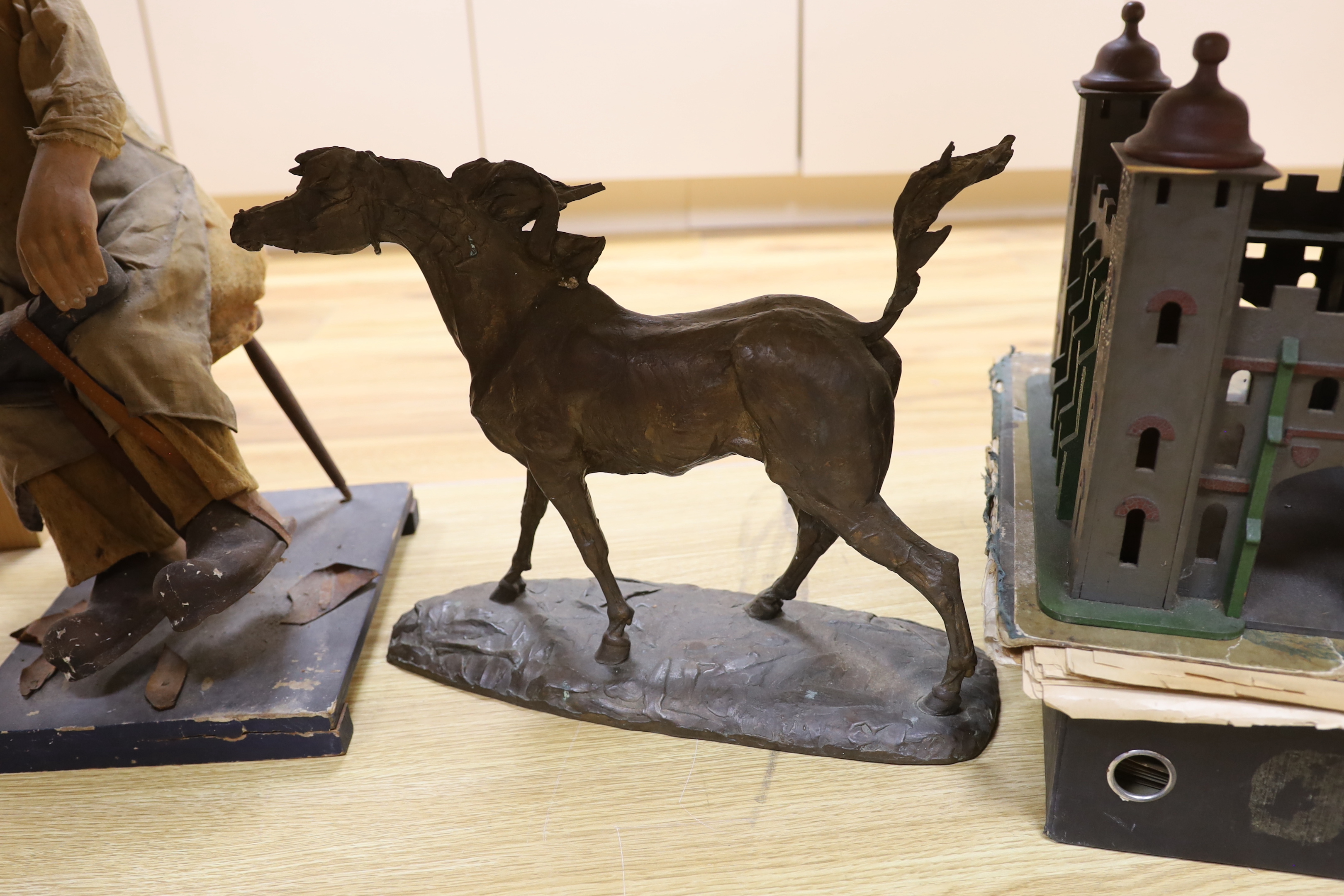 A Cobbler model, toy fort, resin horse etc.